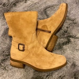 UGG Biker Chic Style Chestnut Suede Leather Ankle Boot w/Buckle & Rubber Sole